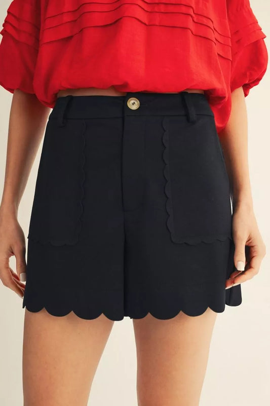 High Waist Solid Shorts with Scalloped Hem