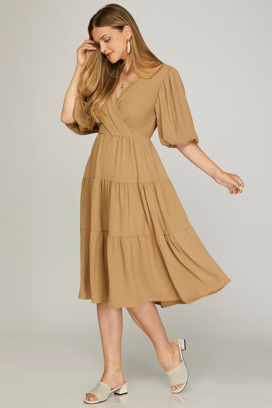 Balloon Sleeve Woven Tiered Wrap Midi Dress