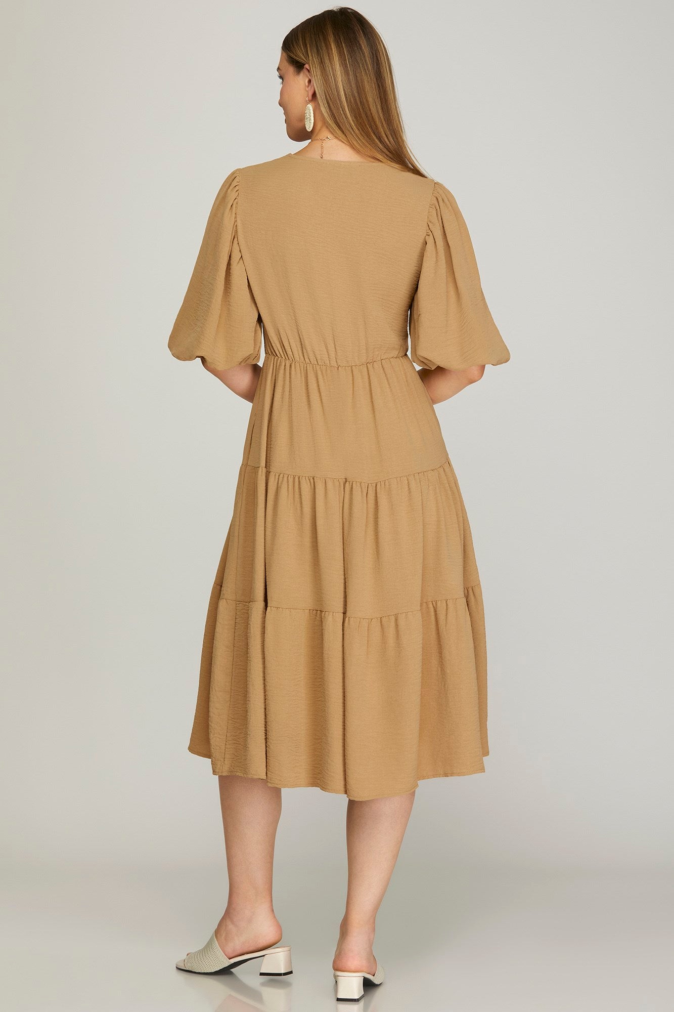 Balloon Sleeve Woven Tiered Wrap Midi Dress