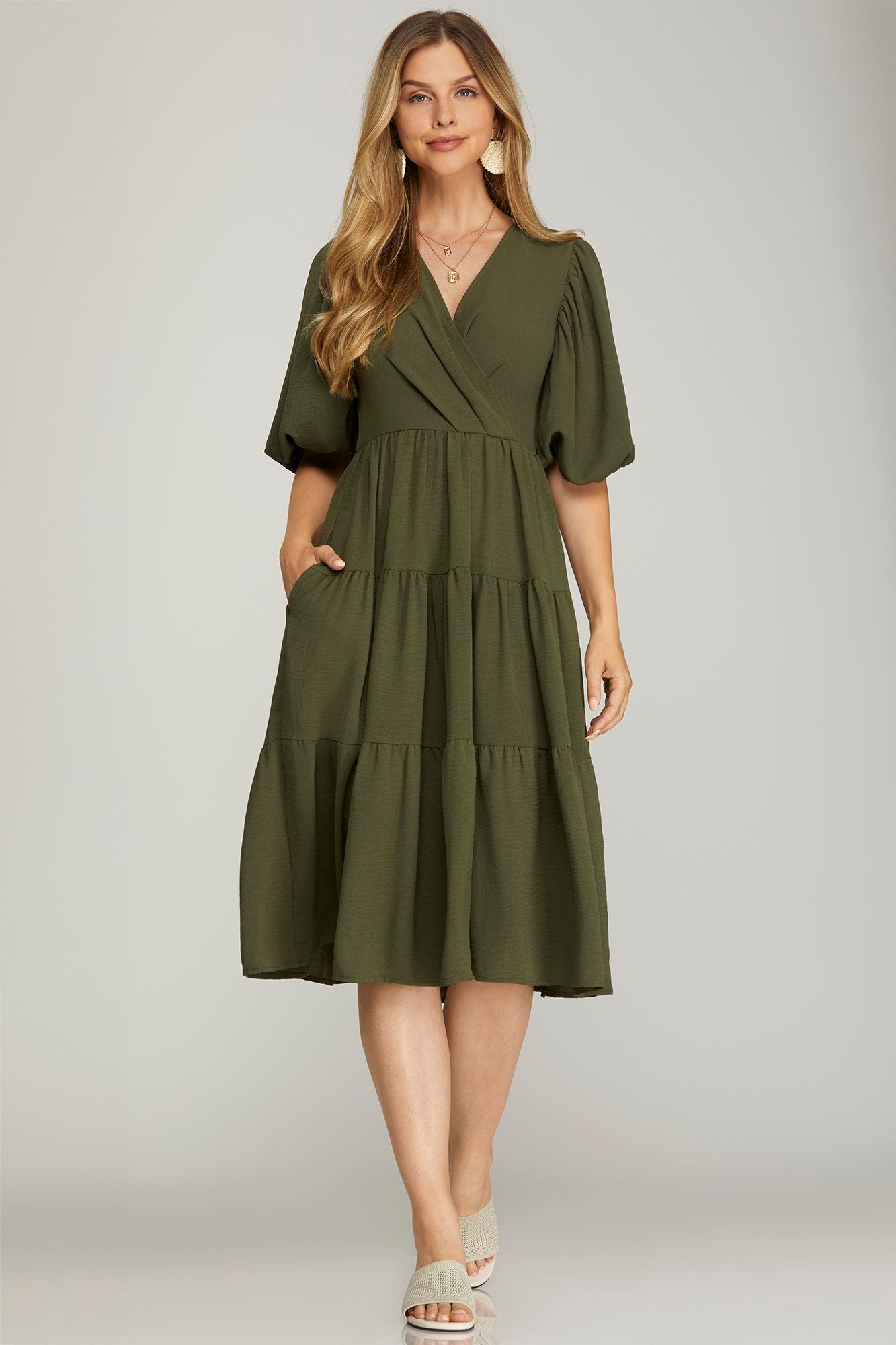 Balloon Sleeve Woven Tiered Wrap Midi Dress