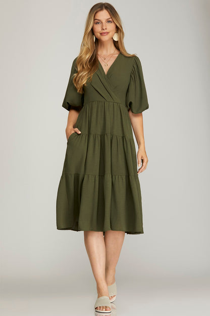 Balloon Sleeve Woven Tiered Wrap Midi Dress