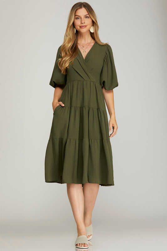 Balloon Sleeve Woven Tiered Wrap Midi Dress