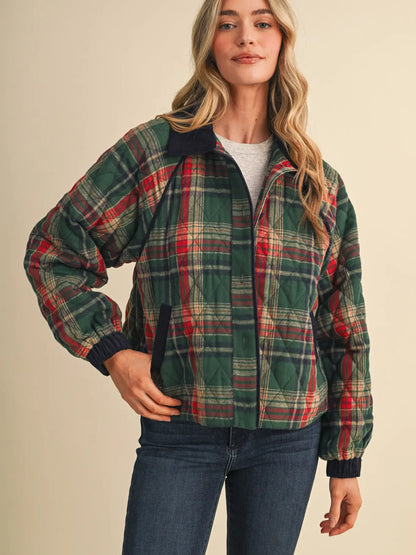 Plaid Quilted Jacket with Contrast Corduroy | 2 Colors Available