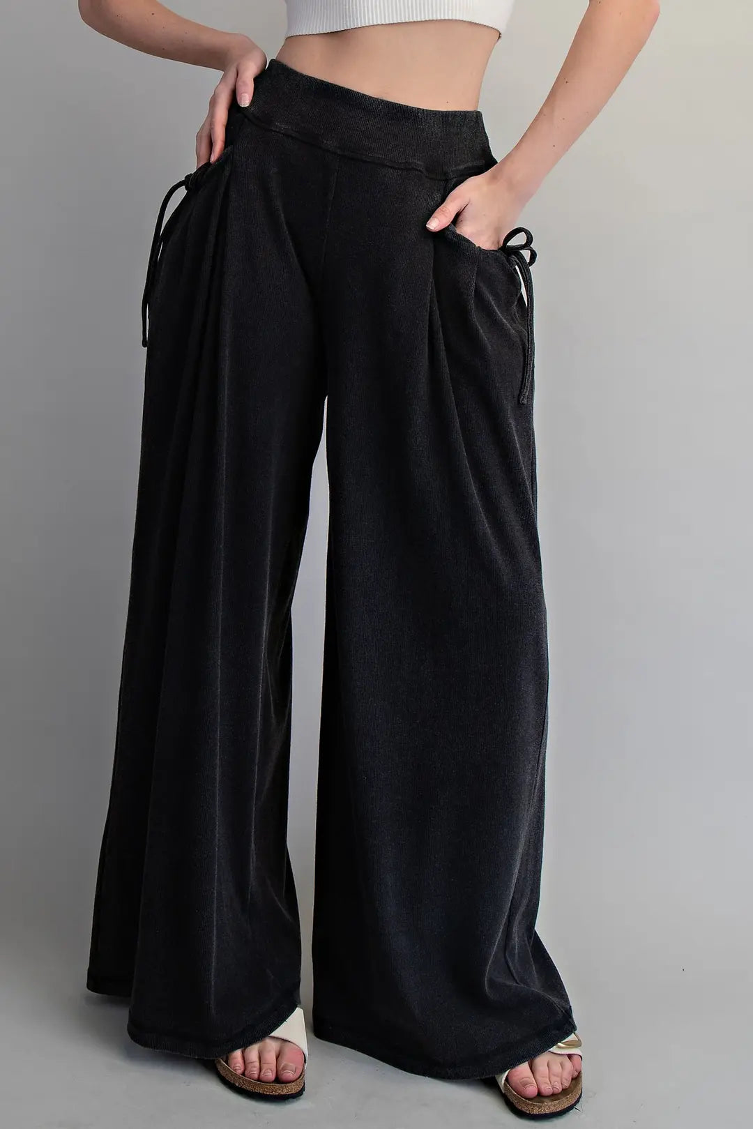 Drawstring Tie Pocket Wide Leg Ribbed Knit Pants