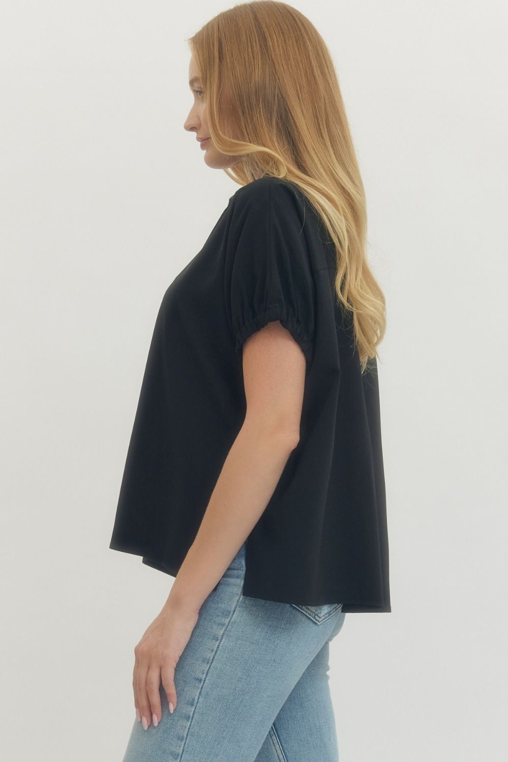 Solid Short Sleeve Split Collar Side Slit Hem Top