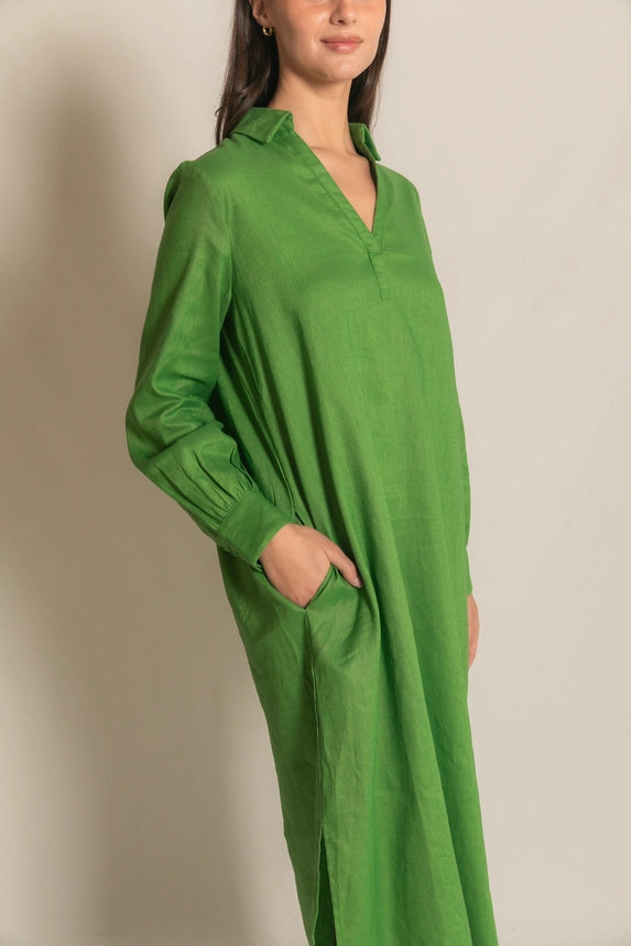 Linen Collared Long Sleeve Dress