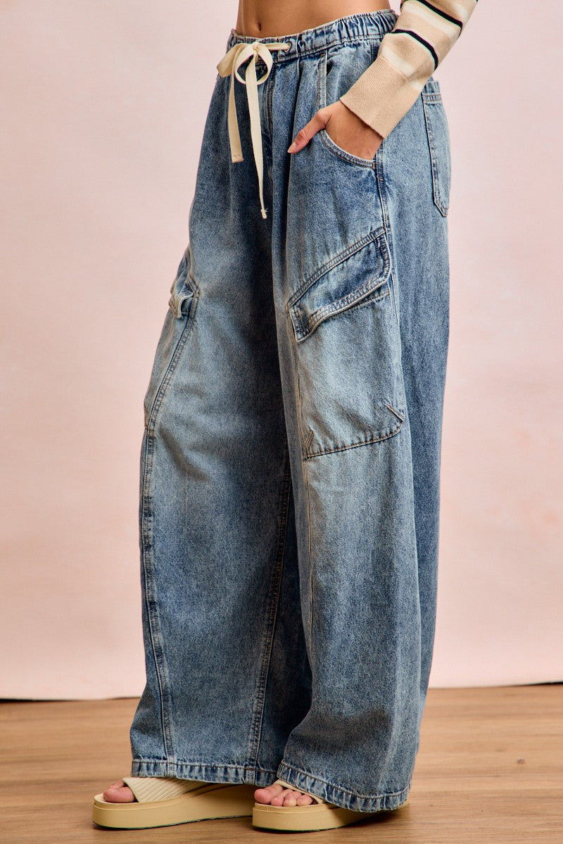 Baggy Barrel Denim Pants with Cargo Pockets