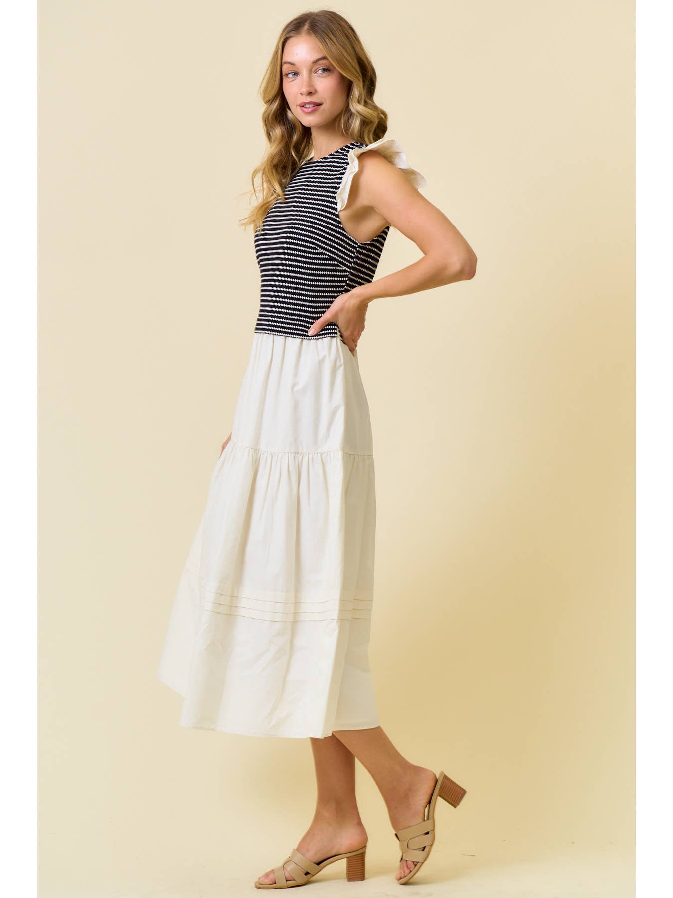 Cotton Poplin Tiered Dress with Ruffle Sleeve