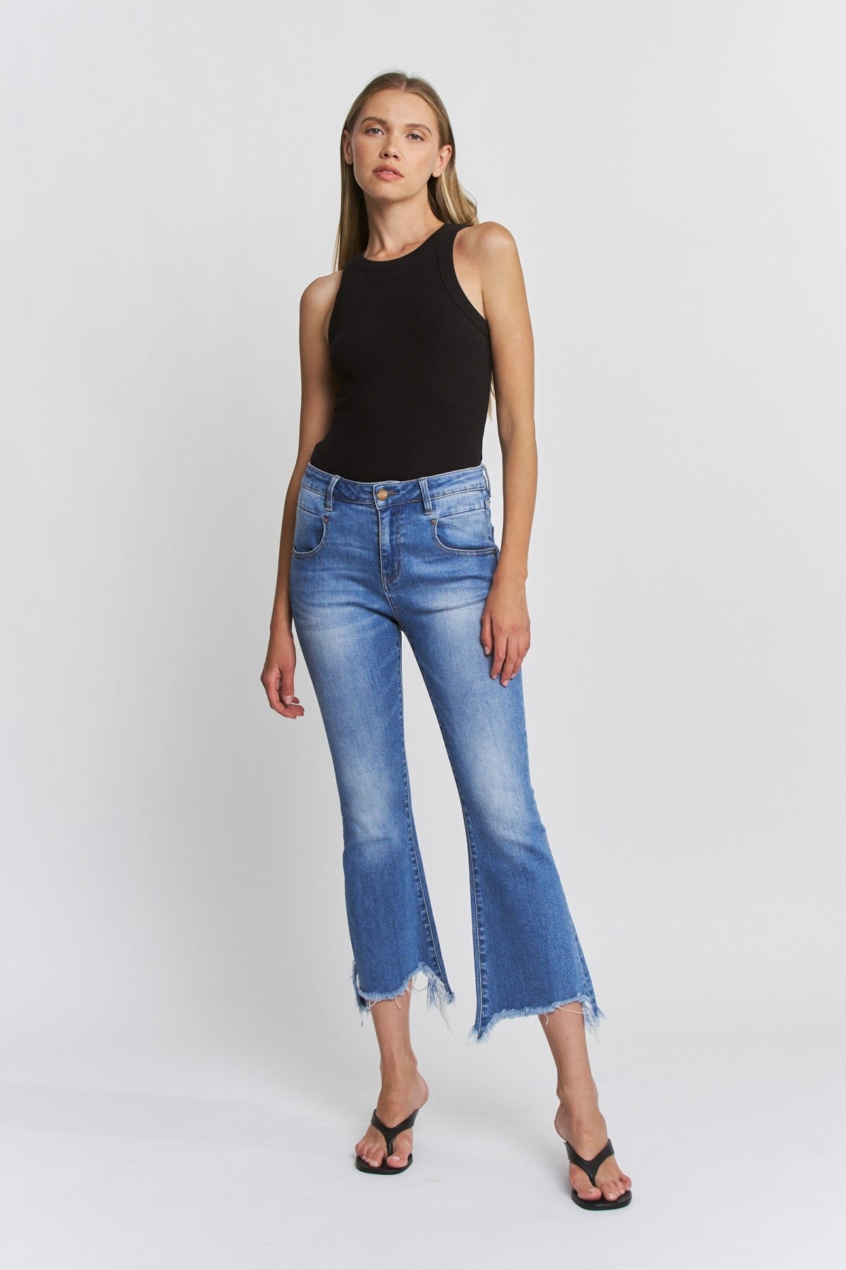 High Rise Crop Flare with Uneven Hem