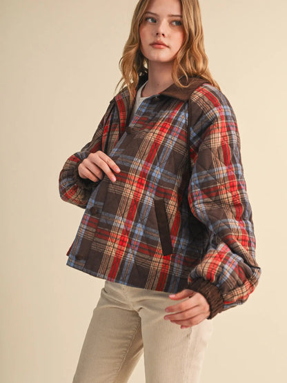 Plaid Quilted Jacket with Contrast Corduroy | 2 Colors Available