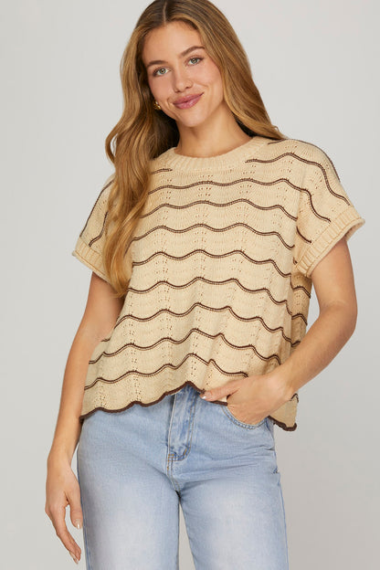 Scalloped Striped Pattern Knit Sweater Top