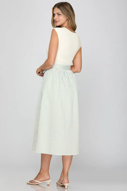 Striped Tiered Midi Dress with Waist Tie