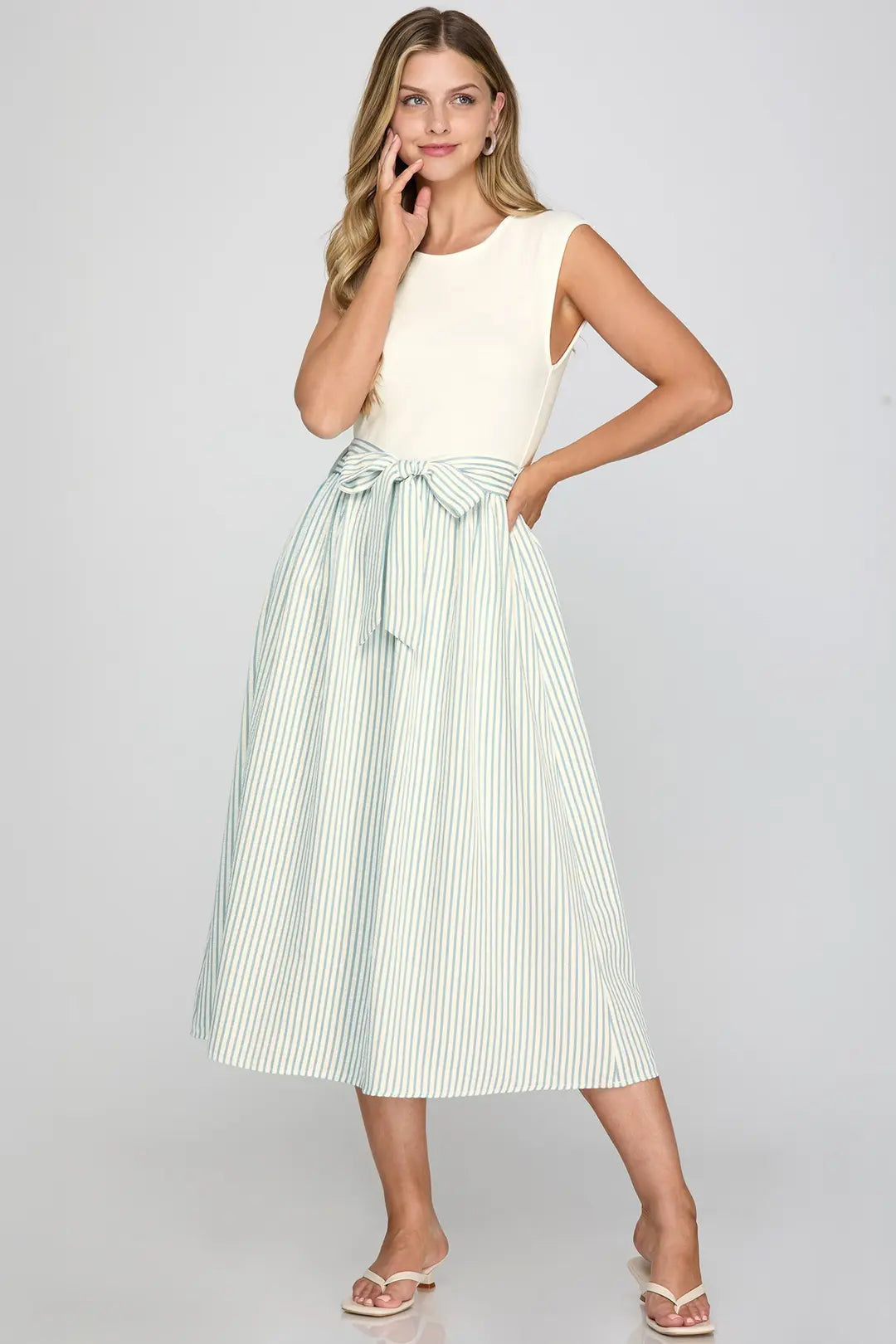 Striped Tiered Midi Dress with Waist Tie
