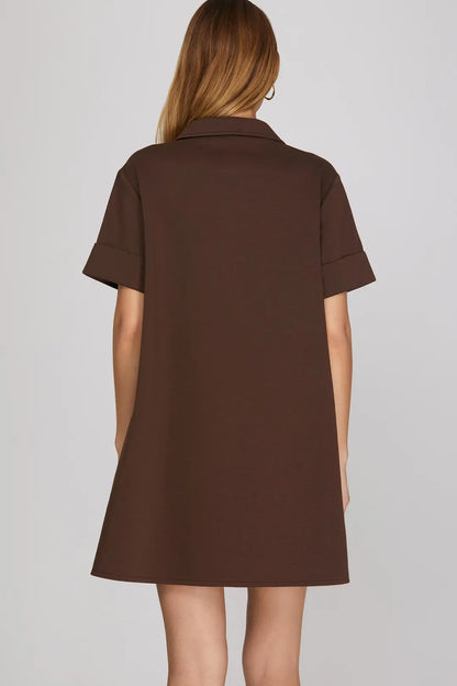 Short Sleeve Knit Collared Shift Mini Dress