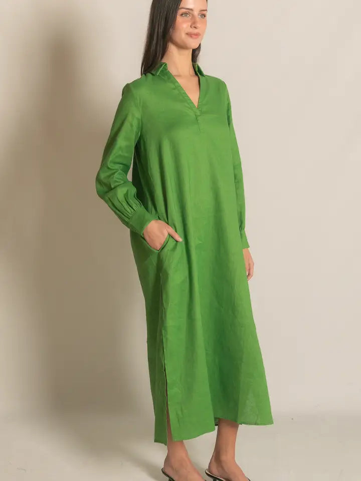 Linen Collared Long Sleeve Dress