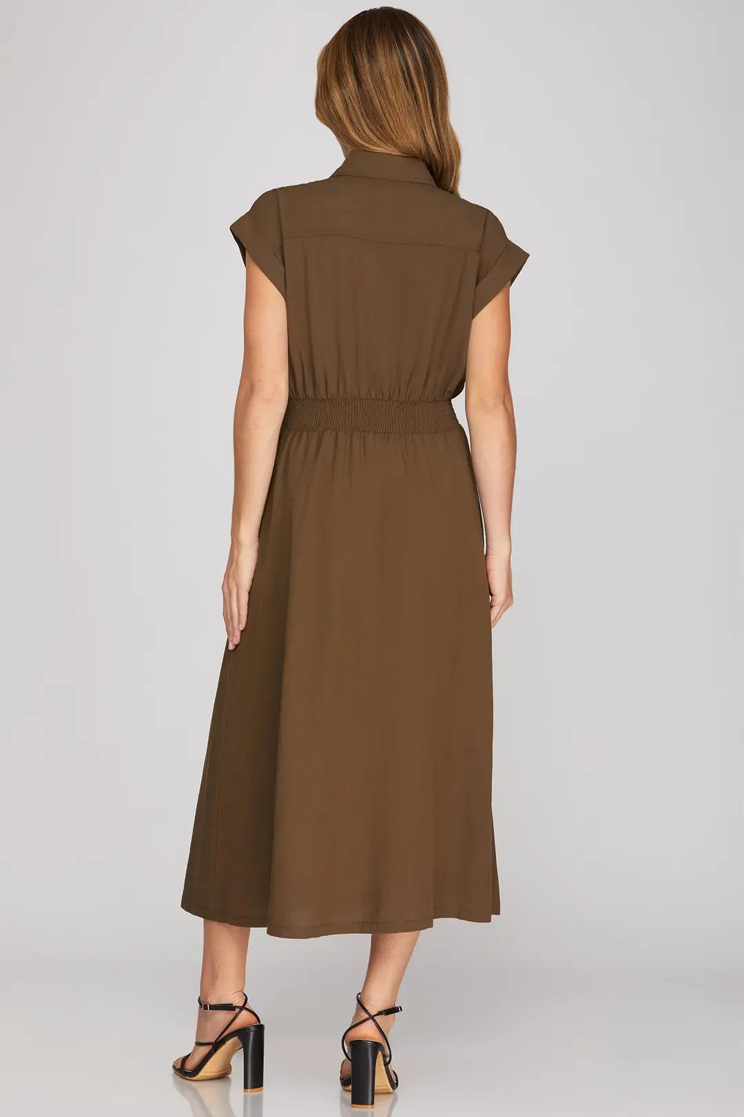 Woven Collared Zip Up Midi Dress with Pockets
