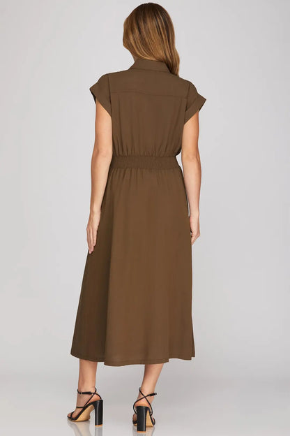 Woven Collared Zip Up Midi Dress with Pockets