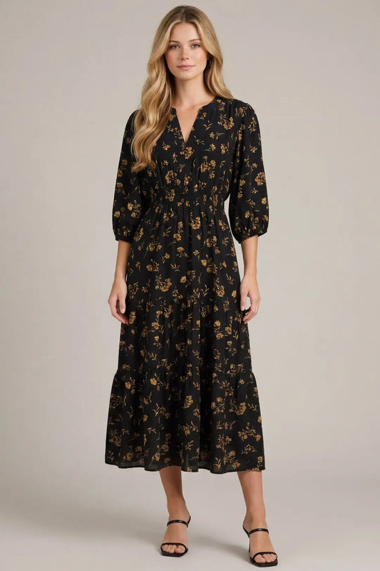 3/4 Sleeve Printed Mini Dress with Pockets