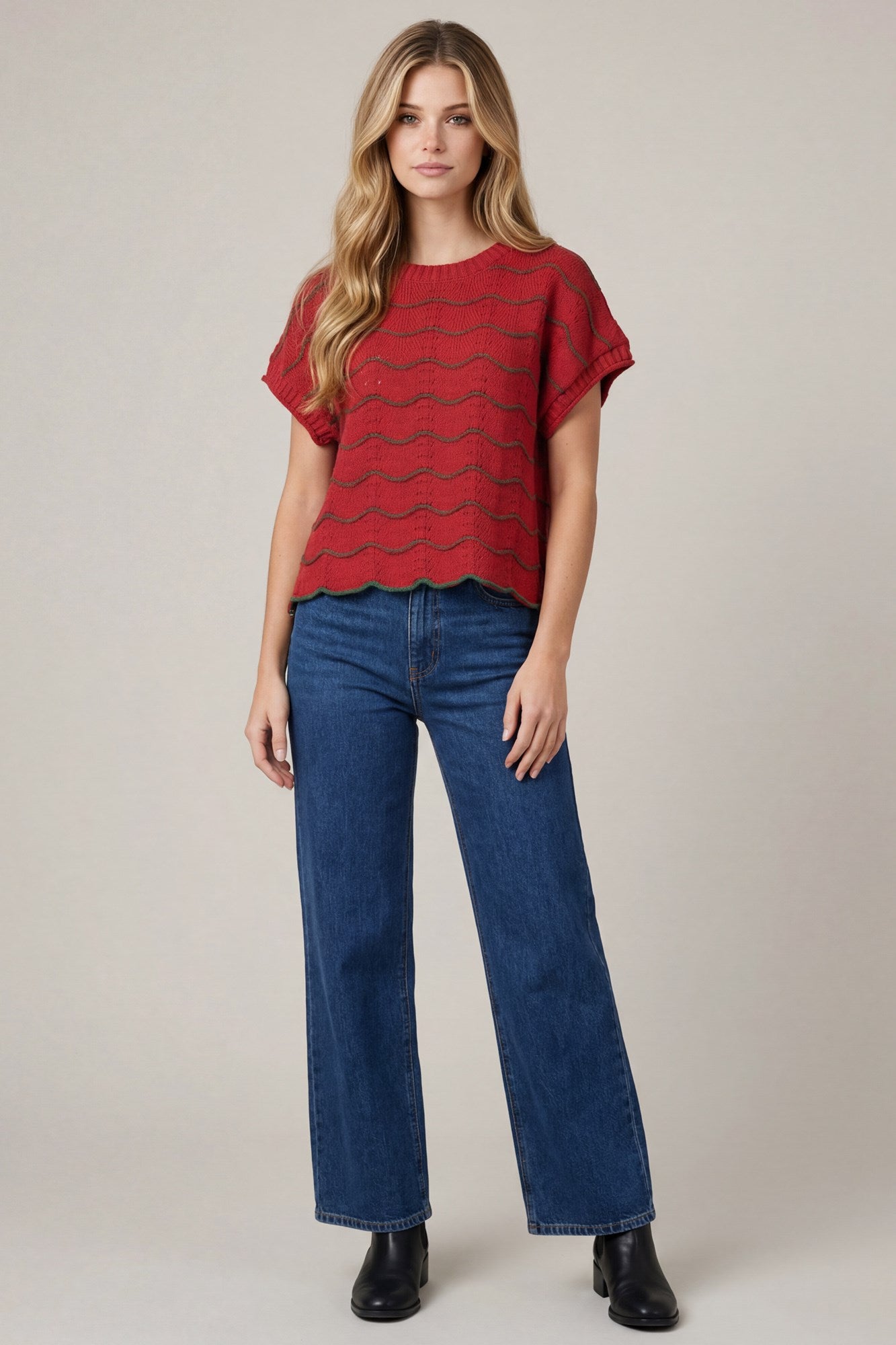 Scallop Striped Pattern Knit Sweater Top