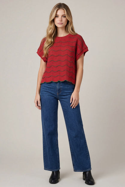 Scallop Striped Pattern Knit Sweater Top