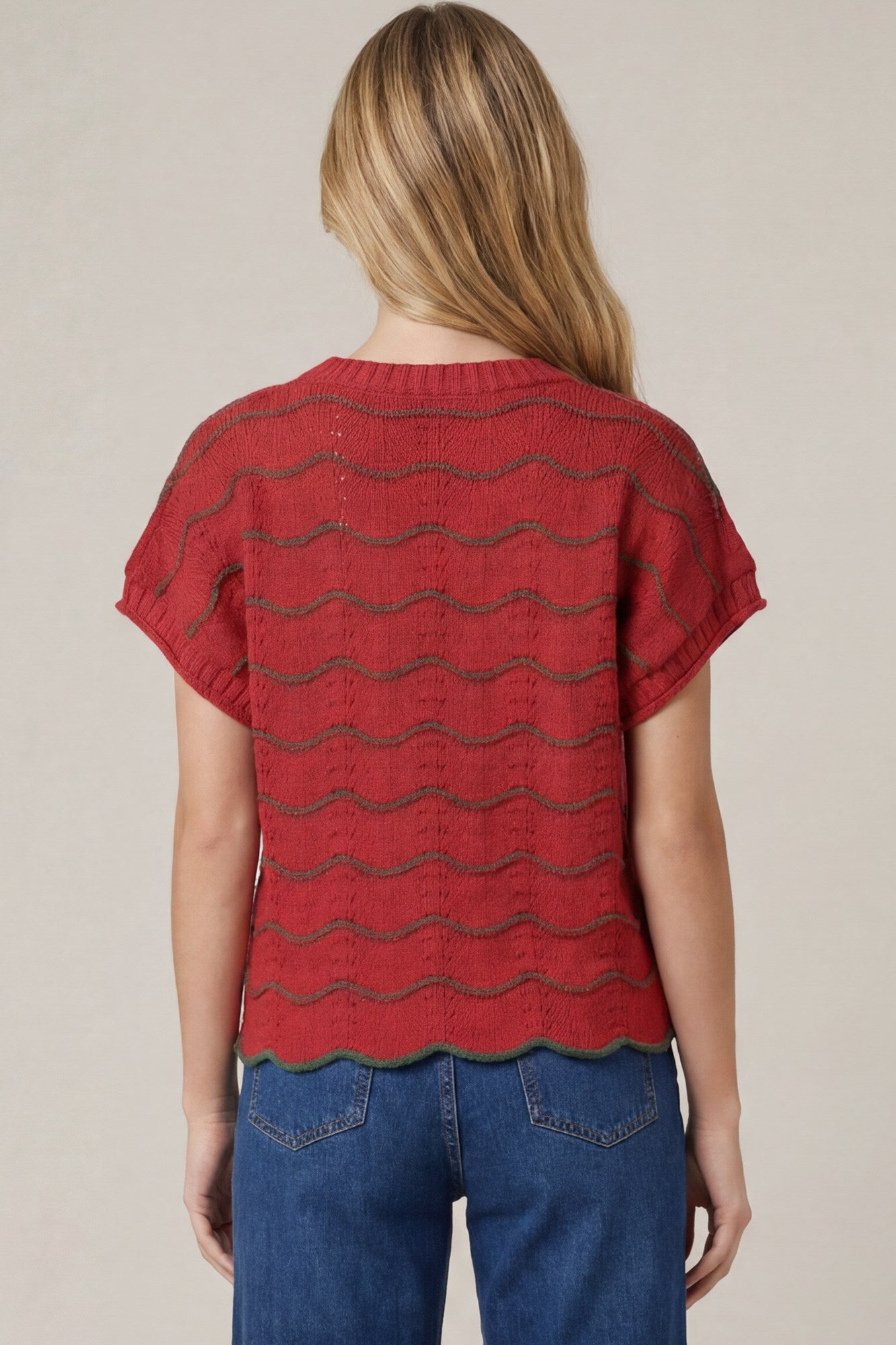 Scallop Striped Pattern Knit Sweater Top