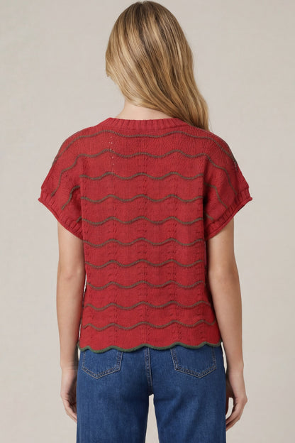 Scallop Striped Pattern Knit Sweater Top