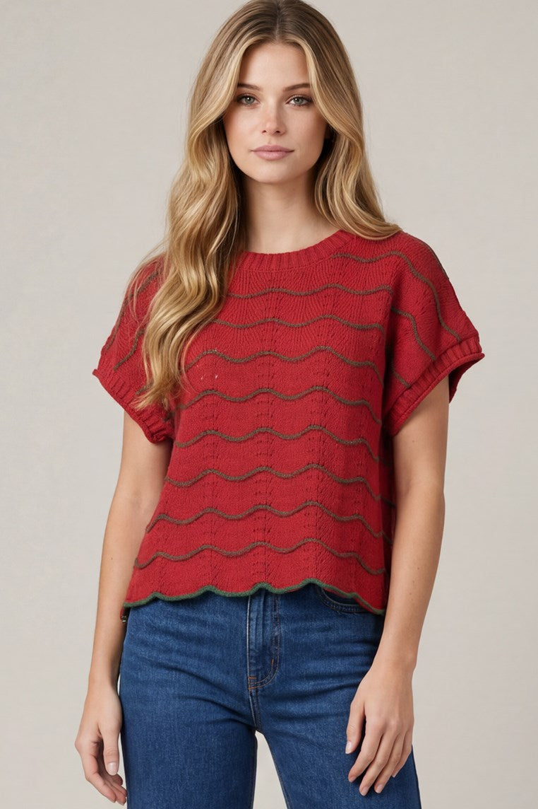 Scallop Striped Pattern Knit Sweater Top