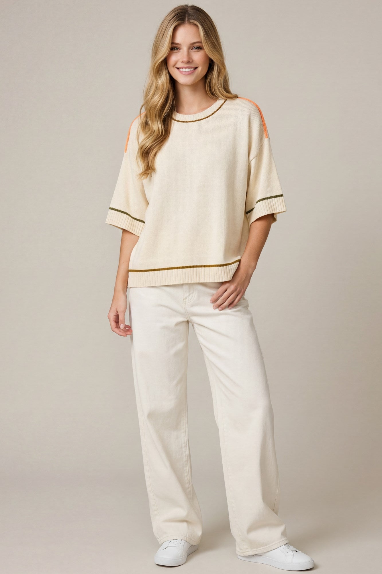 Half Sleeve Contrast Lined Sweater