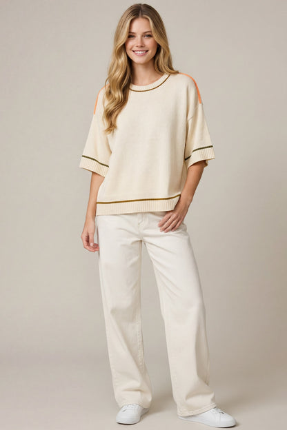 Half Sleeve Contrast Lined Sweater