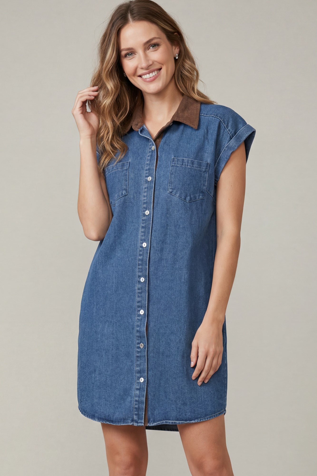 Collared Washed Denim Mini Shirt Dress