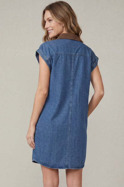 Collared Washed Denim Mini Shirt Dress