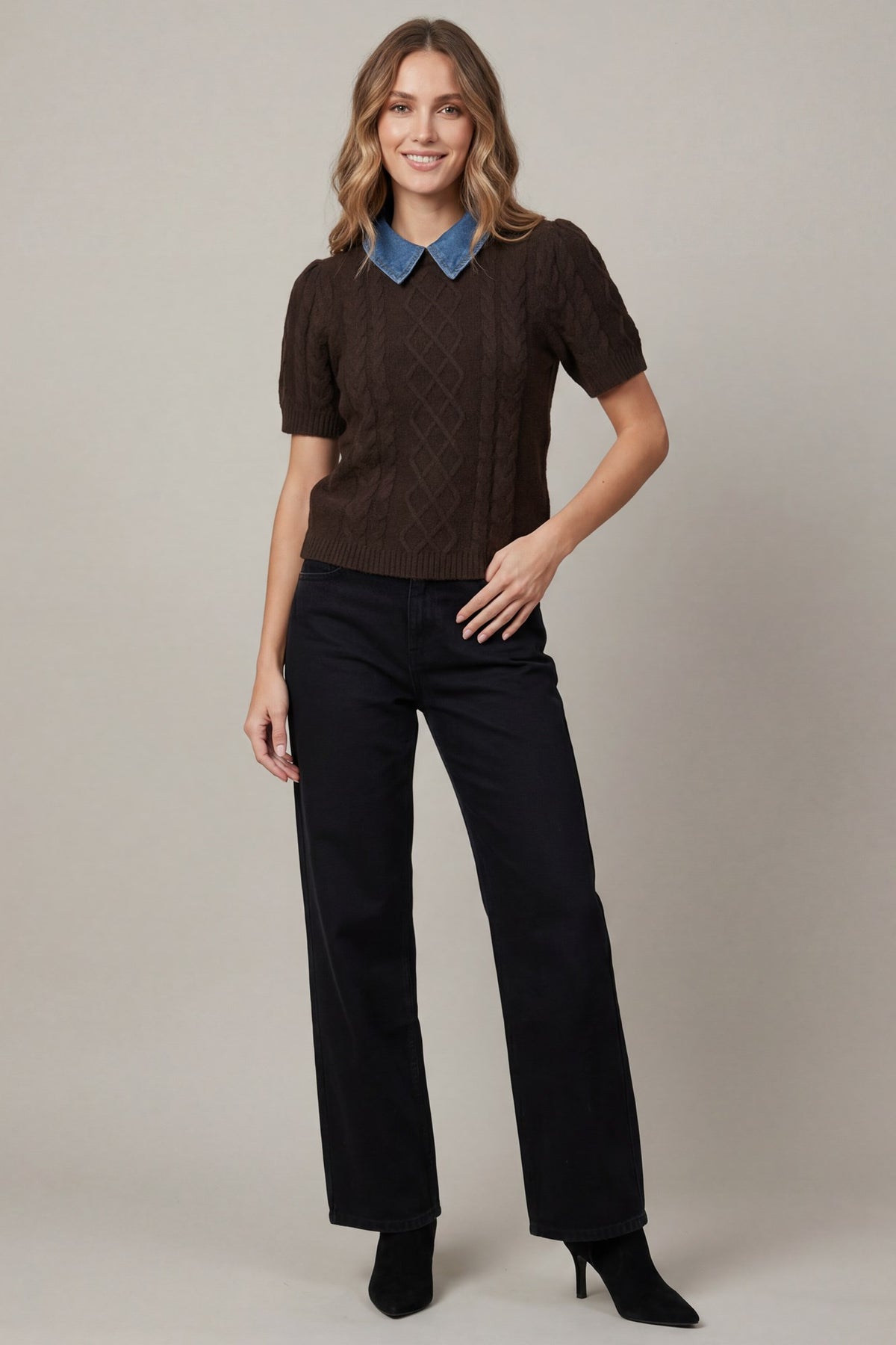 Denim Collar Short Sleeve Sweatshirt