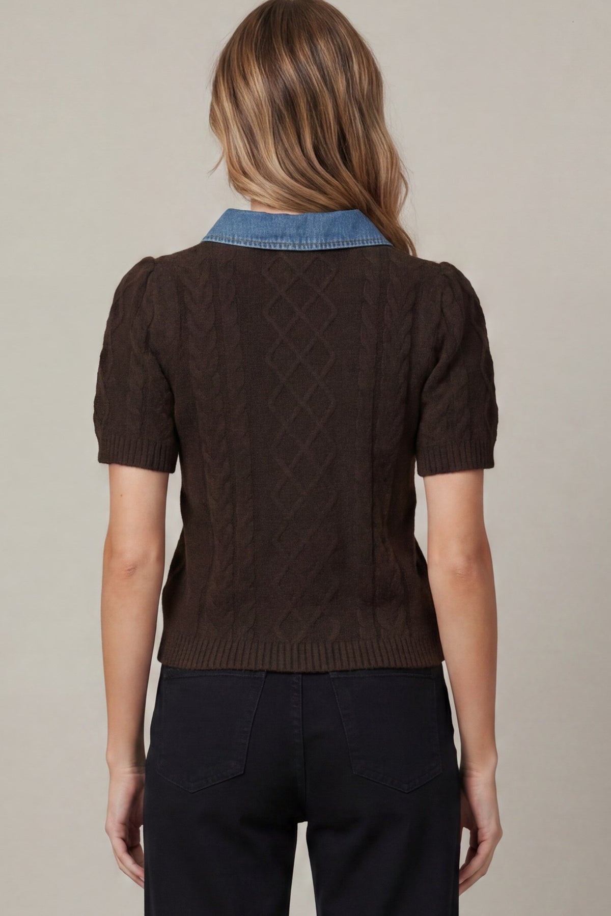 Denim Collar Short Sleeve Sweatshirt
