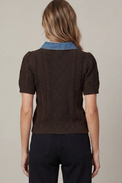 Denim Collar Short Sleeve Sweatshirt