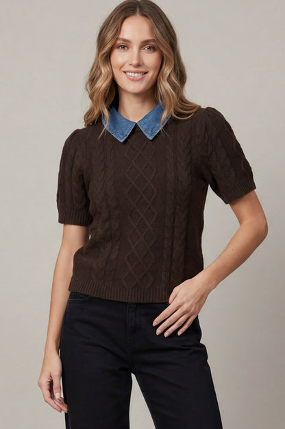 Denim Collar Short Sleeve Sweatshirt