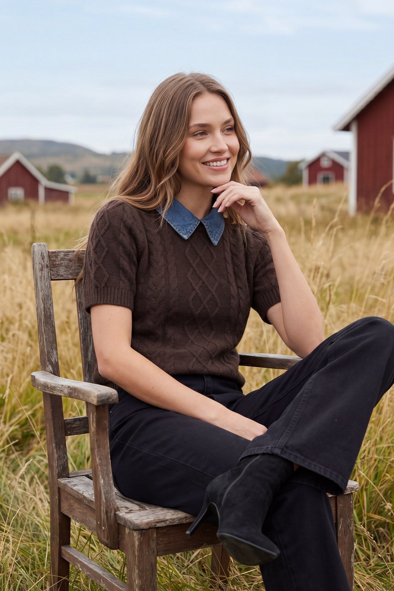 Denim Collar Short Sleeve Sweatshirt