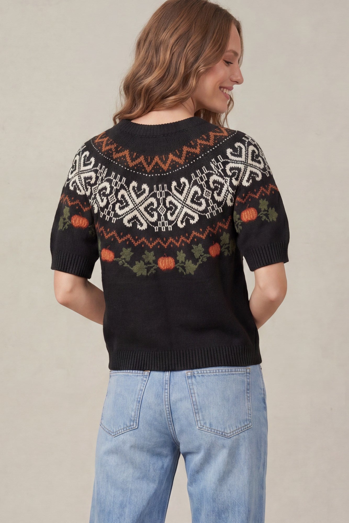 Pumpkin Embroidery Fair Isle Sweater