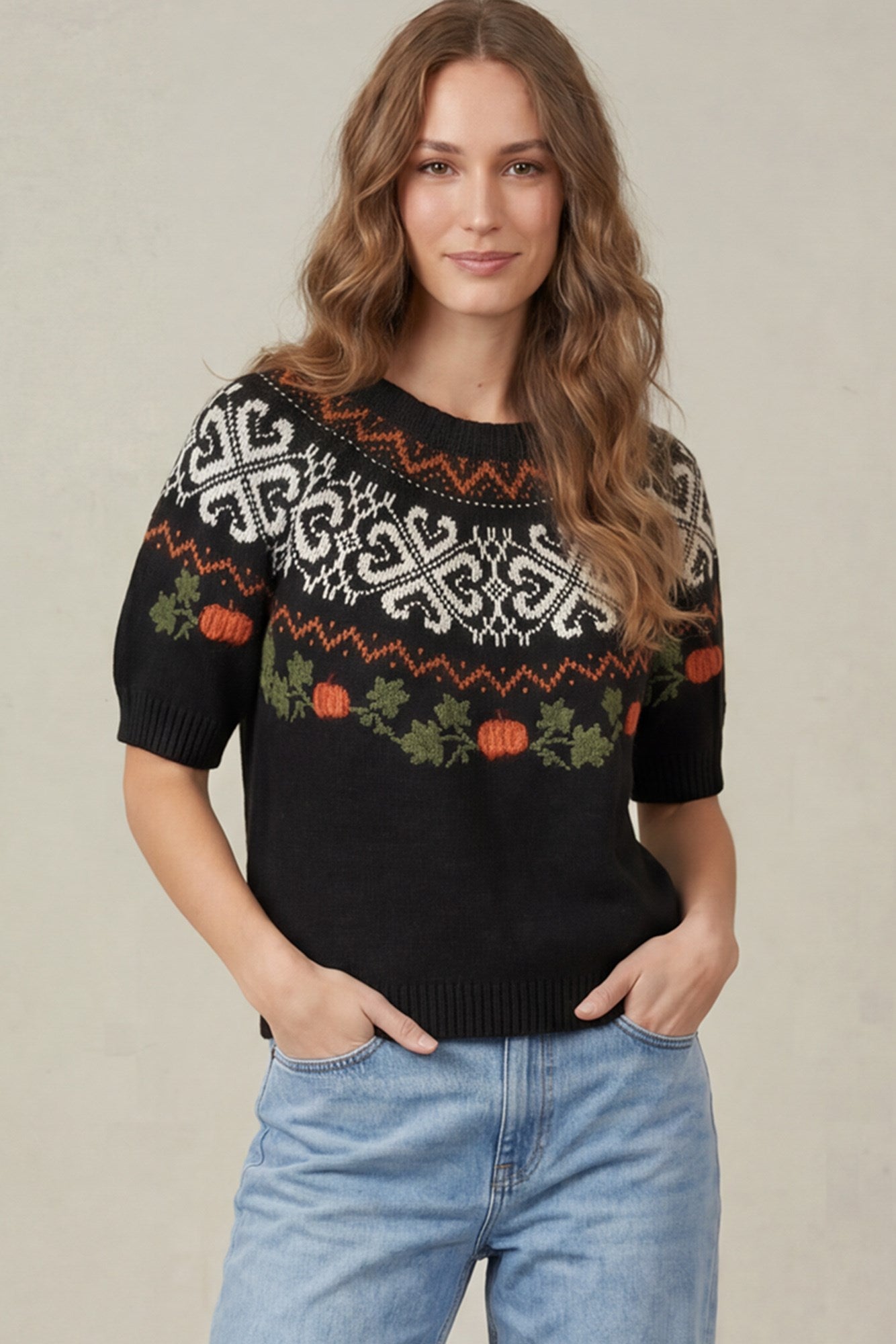 Pumpkin Embroidery Fair Isle Sweater