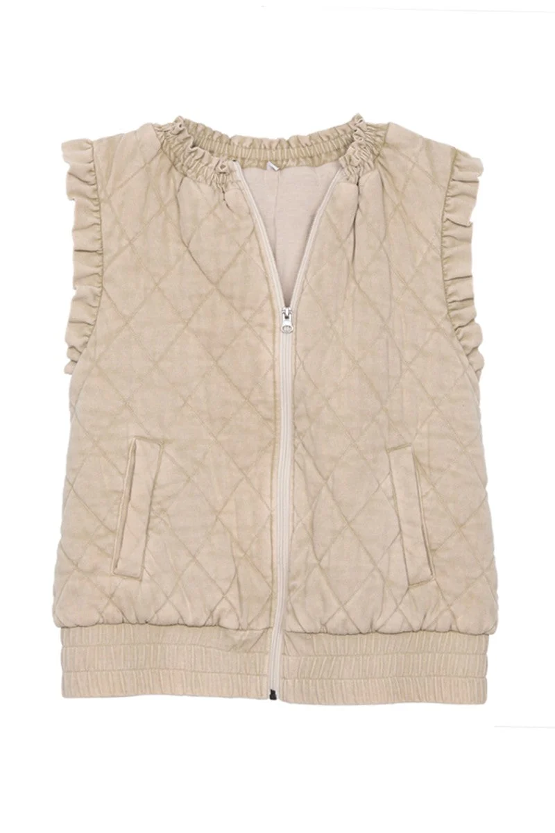 Garment Washed Quilted Ruffle Sleeve Vest