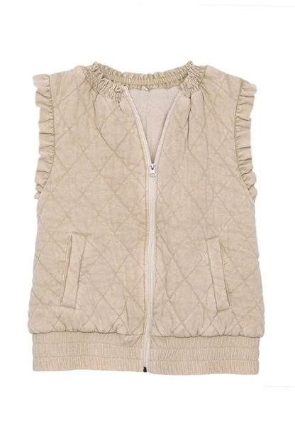 Garment Washed Quilted Ruffle Sleeve Vest
