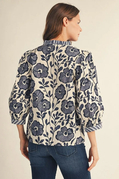 Ruffled Neckline V-Neck Floral Top