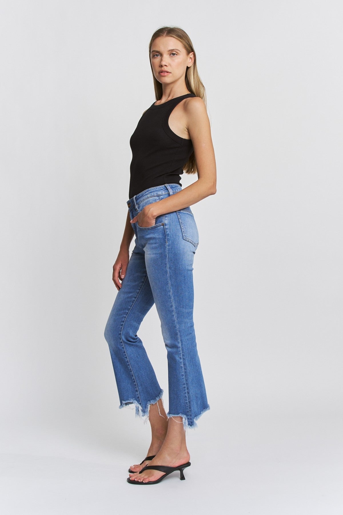 High Rise Crop Flare with Uneven Hem