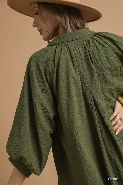 Split V-Neck Dress with Puff Sleeves
