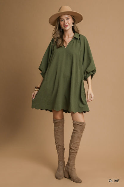 Split V-Neck Dress with Puff Sleeves