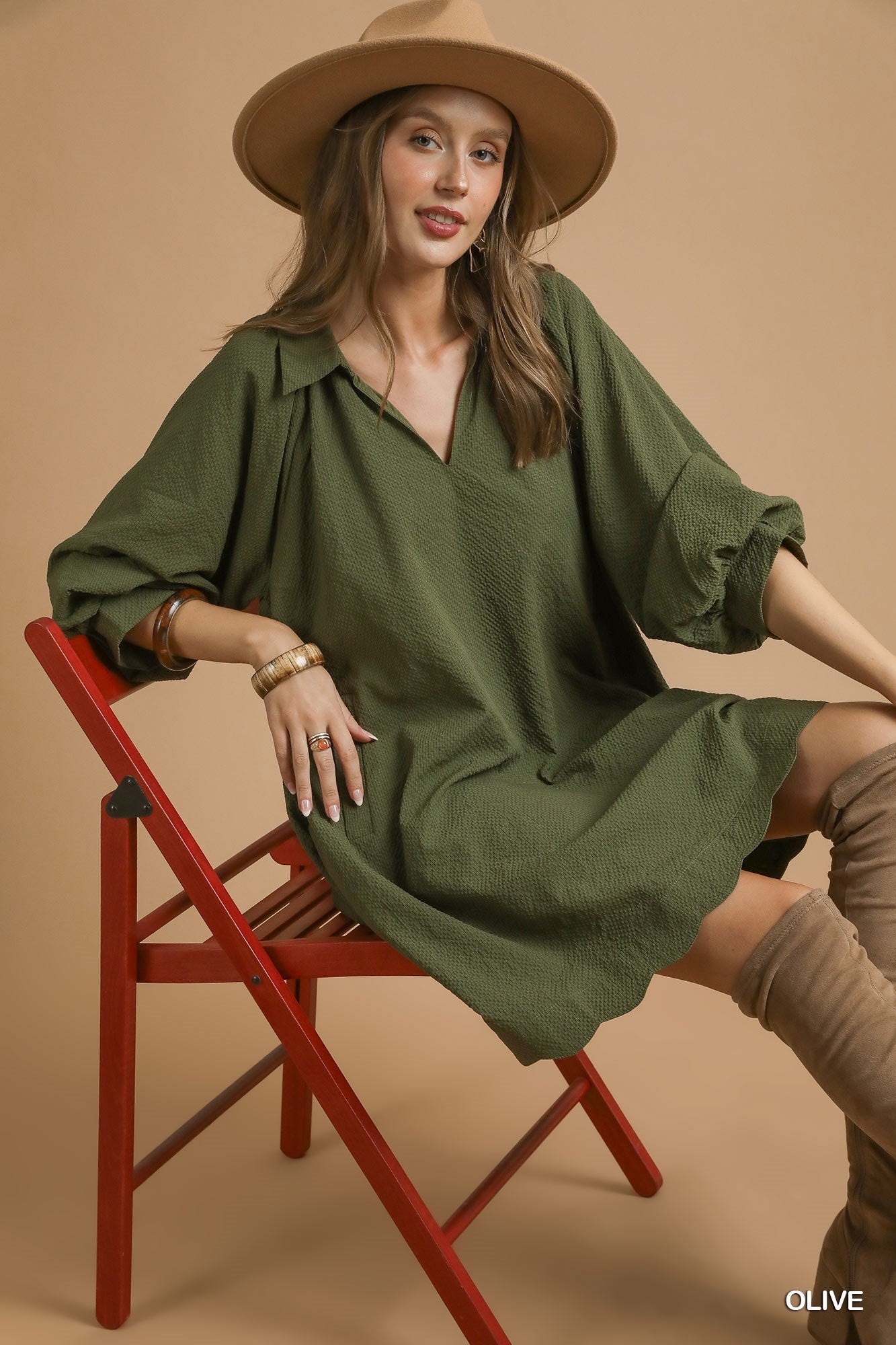 Split V-Neck Dress with Puff Sleeves