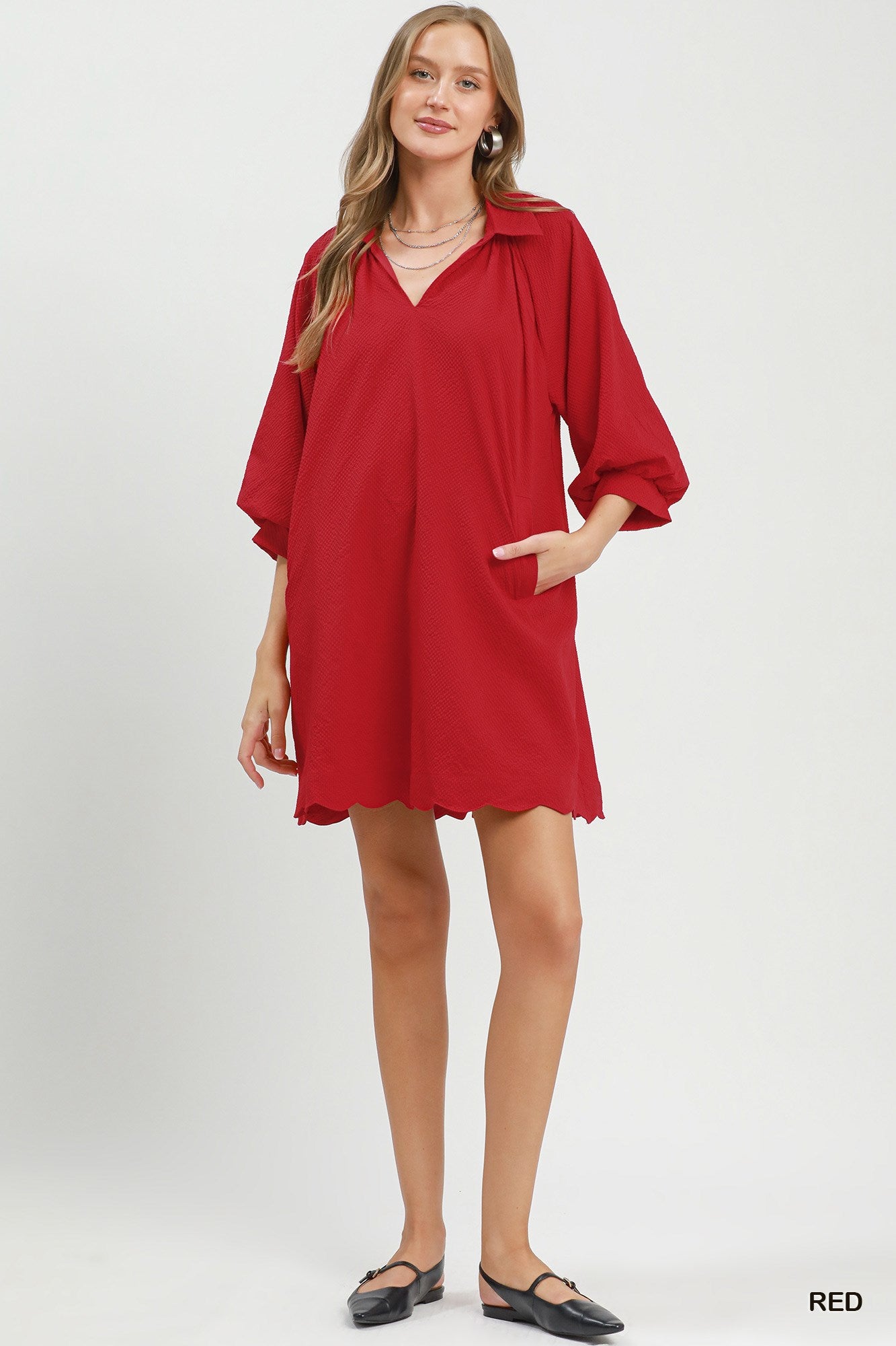 Split V-Neck Dress with Puff Sleeves