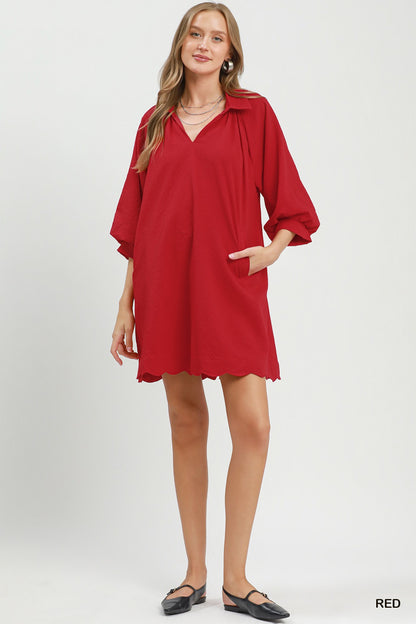 Split V-Neck Dress with Puff Sleeves