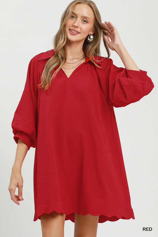 Split V-Neck Dress with Puff Sleeves