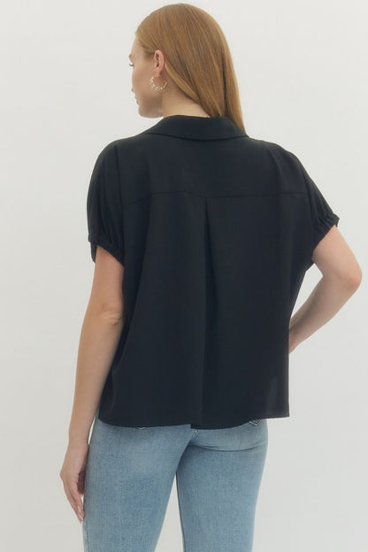 Solid Short Sleeve Split Collar Side Slit Hem Top