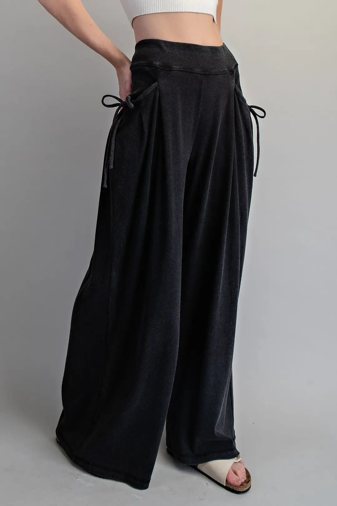 Drawstring Tie Pocket Wide Leg Ribbed Knit Pants